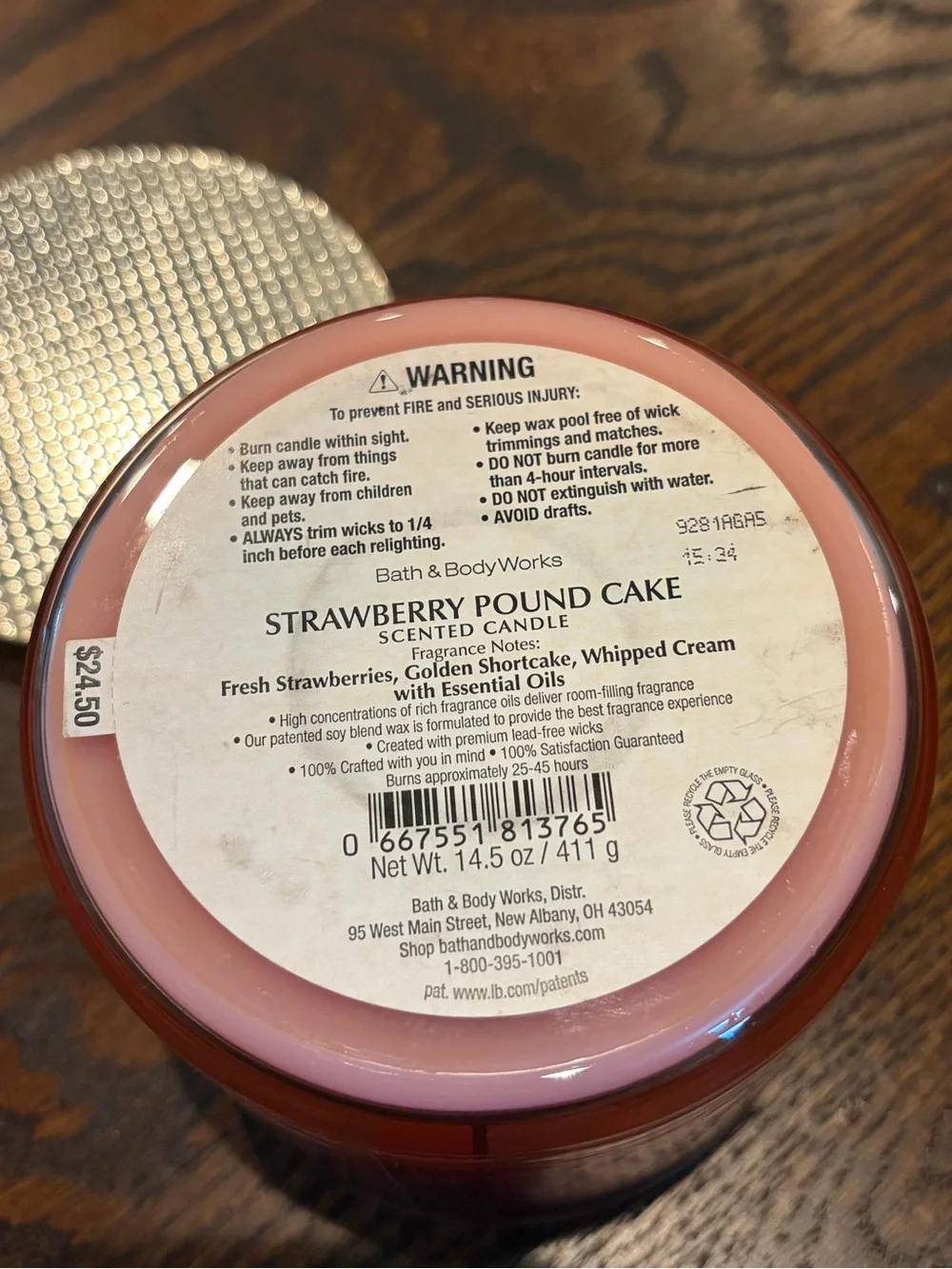 Bath & Body Works Pink Strawberry Pound Cake Candle with Gold Lid